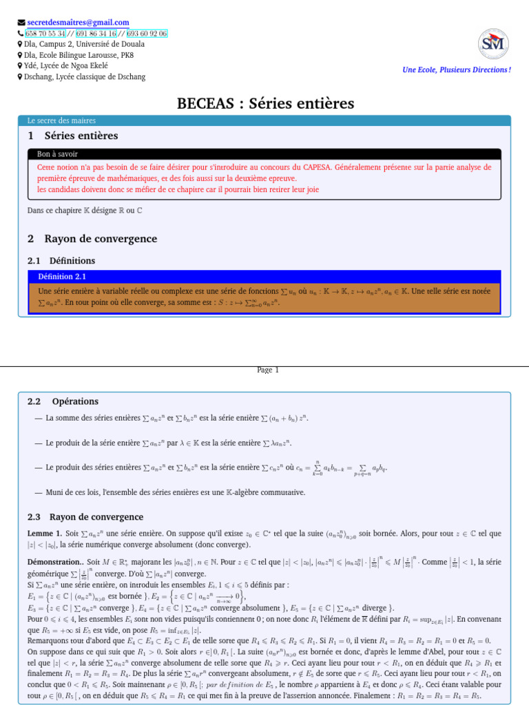 Séries Entières : Rayon de Convergence | PDF | Série entière | Concepts ...