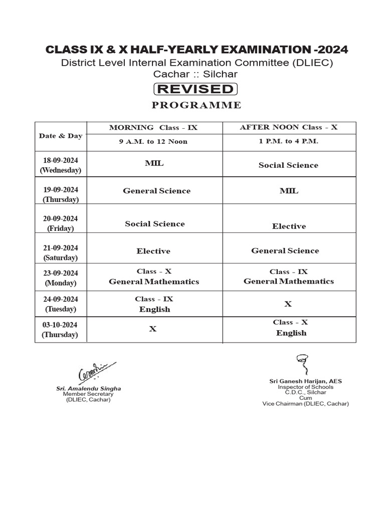 Class IX & X Half-Yearly Exam Schedule 2024 | PDF