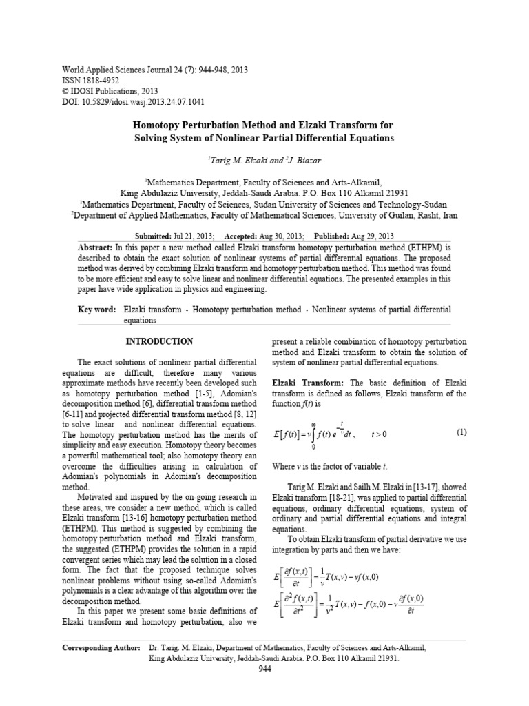 Elzaki Transform for Nonlinear PDEs Solutions | PDF | Partial ...