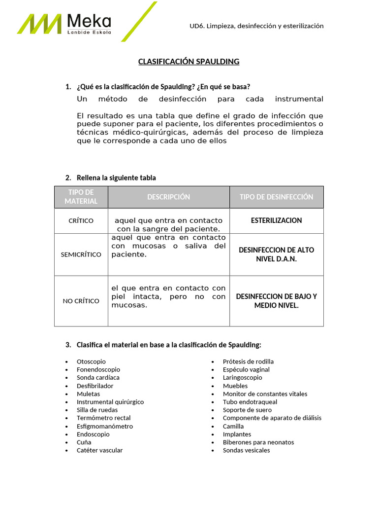 Clasificación de Spaulding en Desinfección | PDF | Medicina CLINICA ...