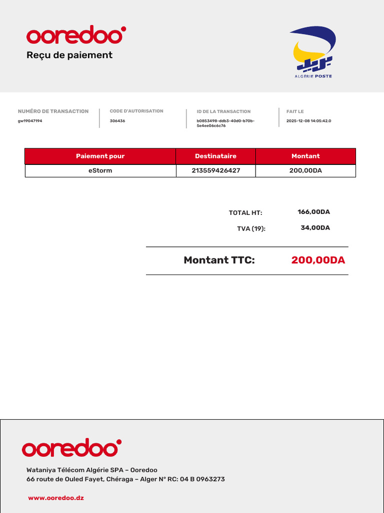 Reçu de paiement eStorm - 200,00 DA | PDF