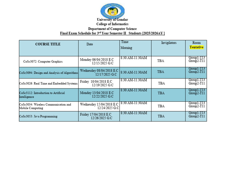 Final Exam Schedule 3rd Year Sem II - 2015 Entry Stu | PDF | Computer ...