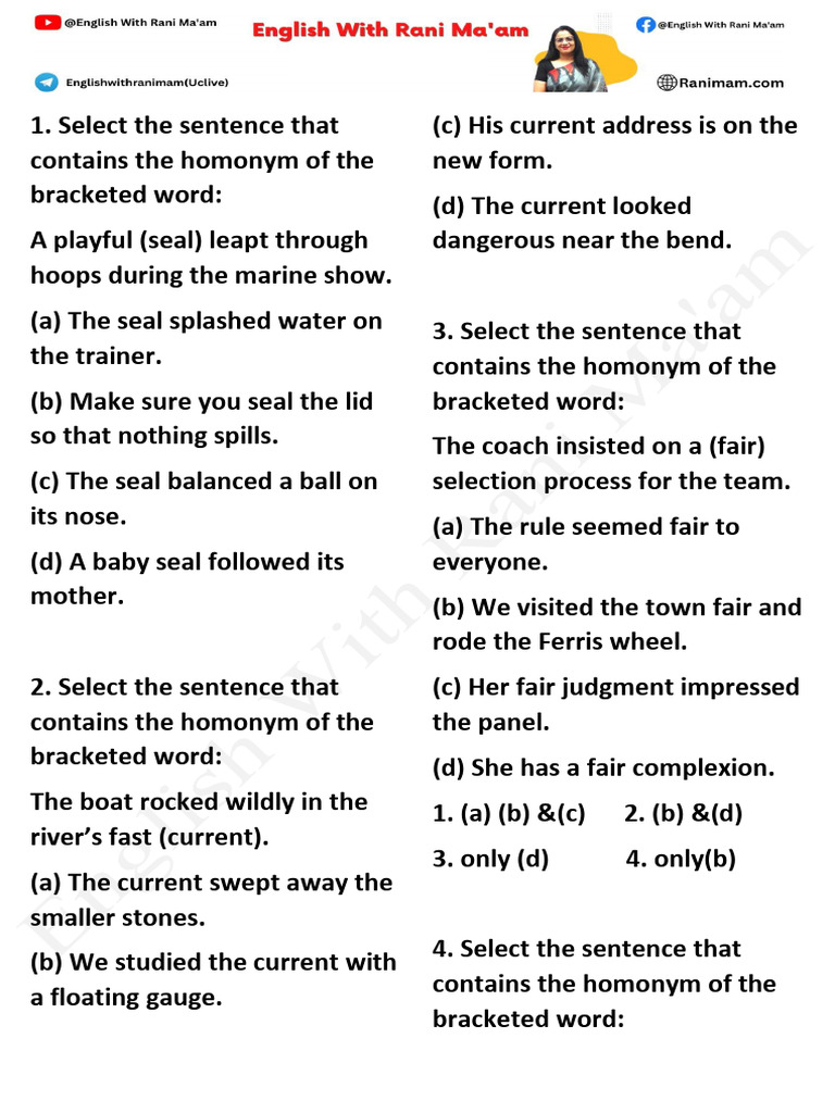 Homonym Sentence Selection Exercises | PDF