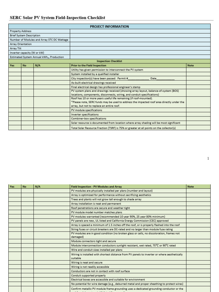 Solar PV System Inspection Checklist | PDF | Photovoltaic System ...