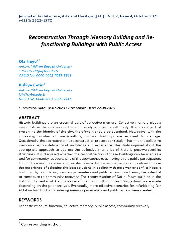 Reconstruction Through Memory Building and Re-Functioning Buildings ...