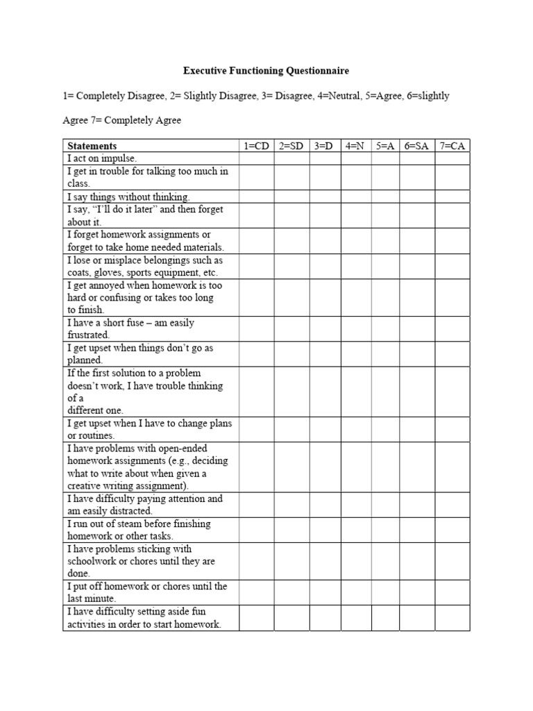Executive Functioning Assessment Tool | PDF | Homework | Cognition