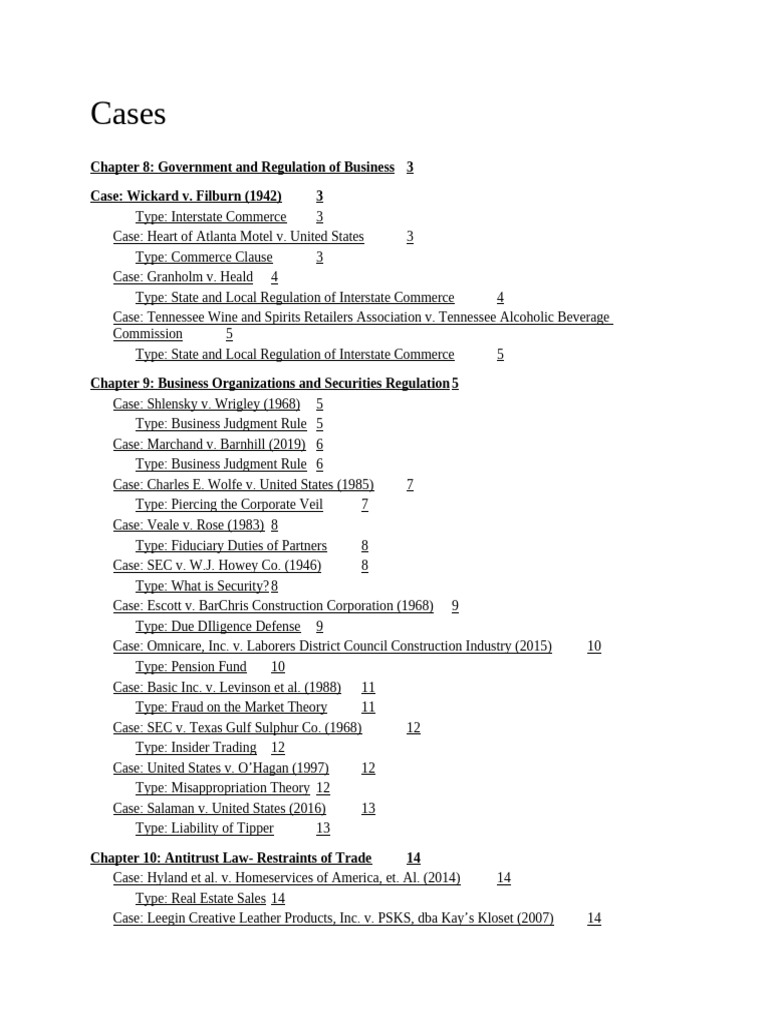 Key Business Law Cases Overview | PDF | Commerce Clause | Sherman ...