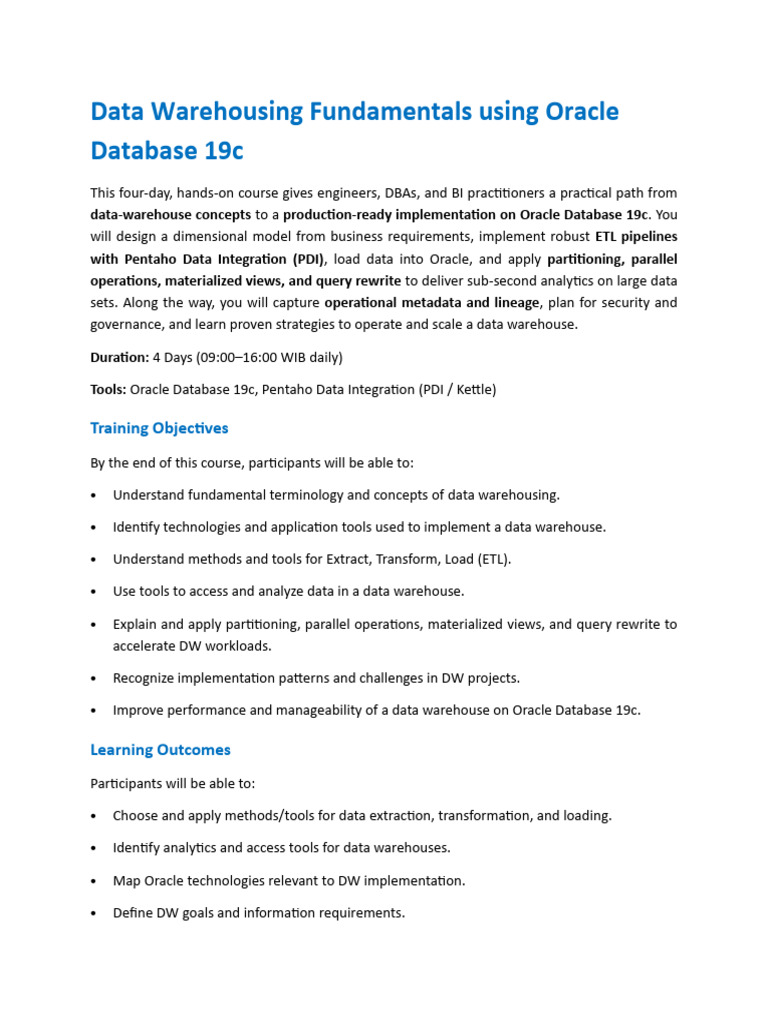 Data Warehousing with Oracle 19c Training | PDF | Data Warehouse ...