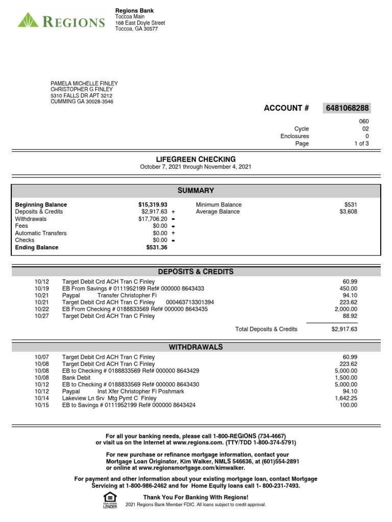 Regions Bank Checking Account Summary | PDF | Cheque | Banks