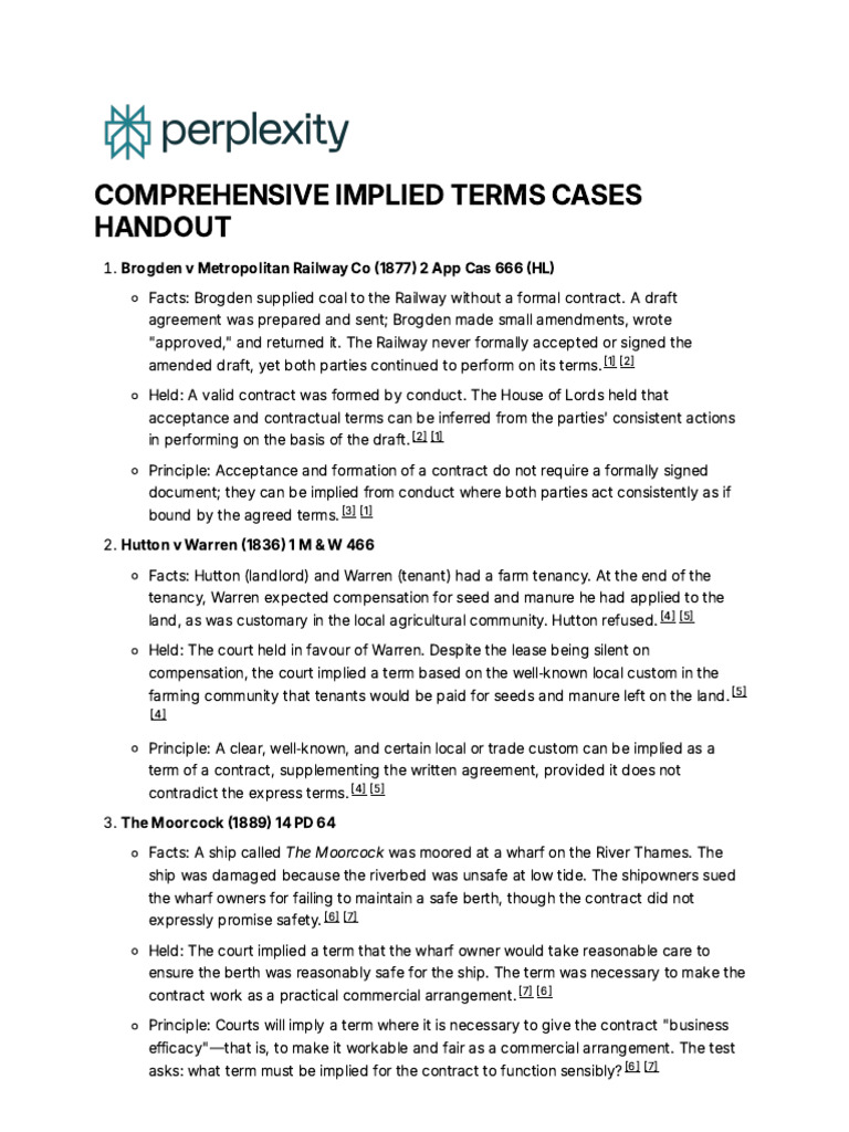 Comprehensive Implied Terms Cases Handout | PDF | Misrepresentation ...