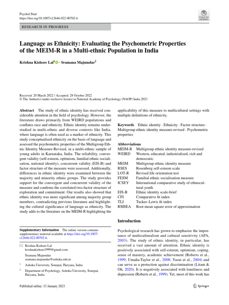 Psychometric Evaluation of MEIM-R in India | PDF | Identity (Social ...