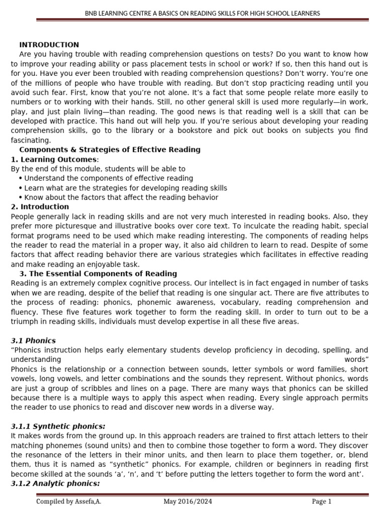 Reading Skills Basics for High School | PDF | Phonics | Reading ...