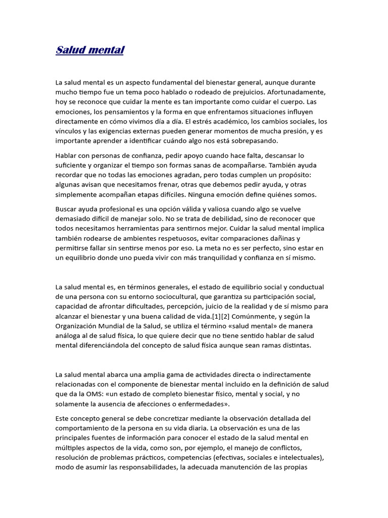 Importancia de la Salud Mental en el Bienestar | PDF | Salud mental ...