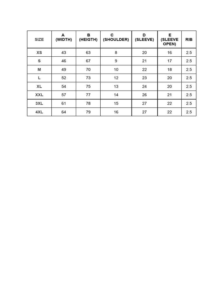 Rib Size Chart for Apparel | PDF