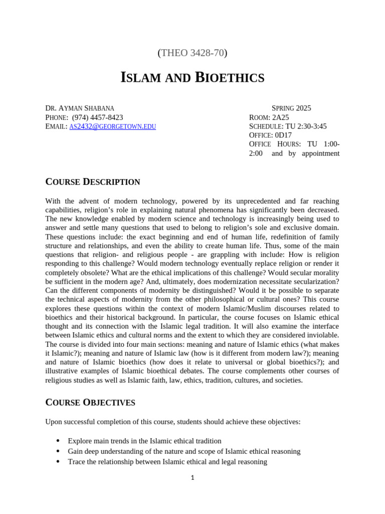 Syllabus - IslamAndBioethics - Spring 2025 | PDF | Bioethics | Title Ix