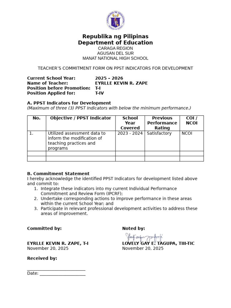 Teacher Commitment Form for PPST 2025 | PDF