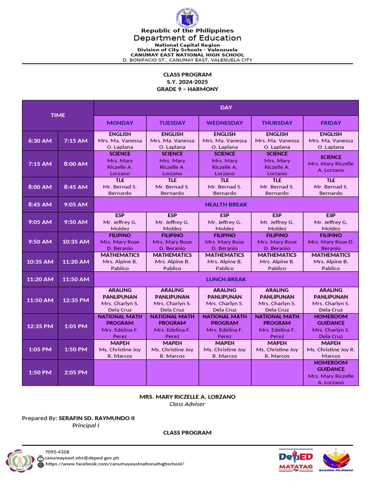 Grade 9 Class Program 2024-2025 | PDF | Philippines | Southeast Asia