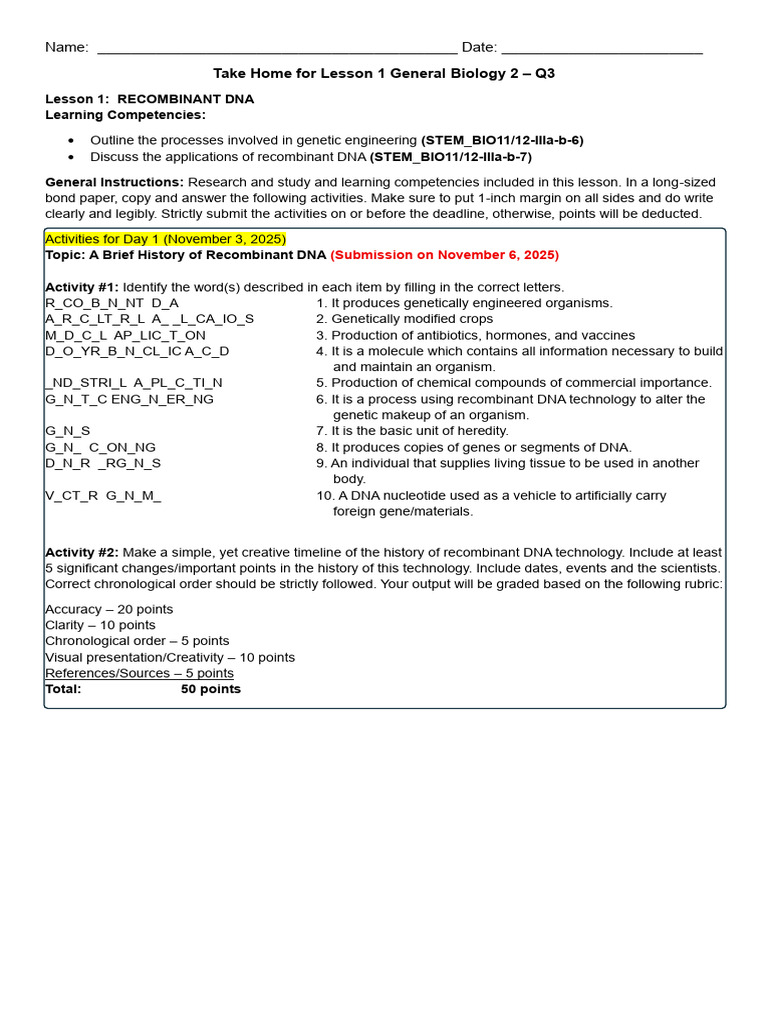 GB2 Lesson 1 Take Home Exercises Nov 3 5 | PDF | Vector (Molecular ...