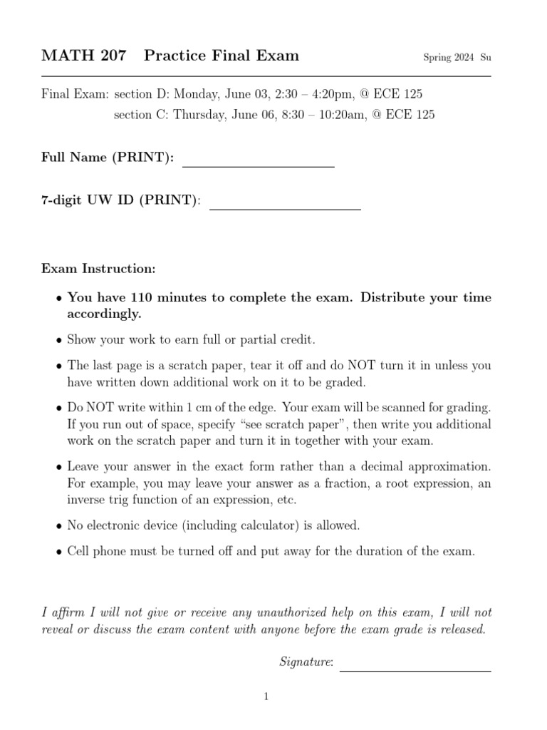 MATH 207 Spring 2024 Final Exam Guide | PDF | Mathematical Analysis ...