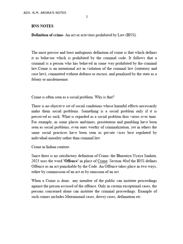 BNS NOTES | PDF | Mens Rea | Insanity Defense