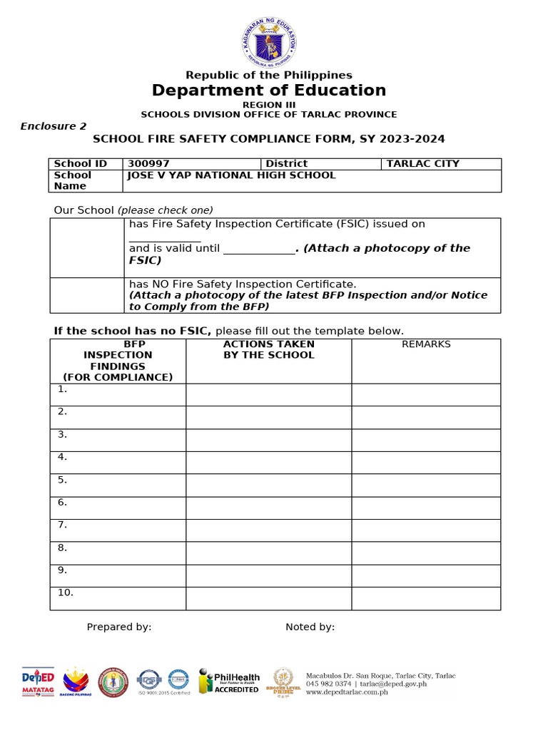 School Fire Safety Compliance Form 2023 | PDF