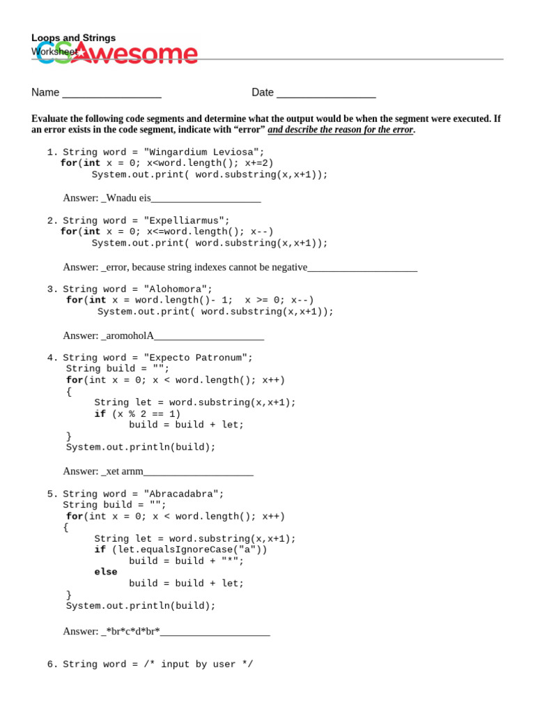Loops and Strings Code Evaluation Worksheet | PDF | Computer ...