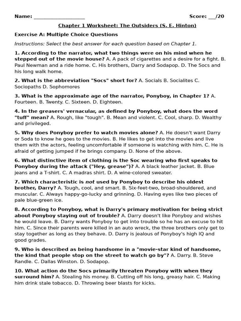 The Outsiders Comprehension Chapter 1 | PDF