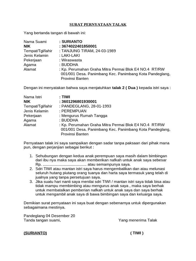 Surat Talak Surianto kepada Tiwi | PDF