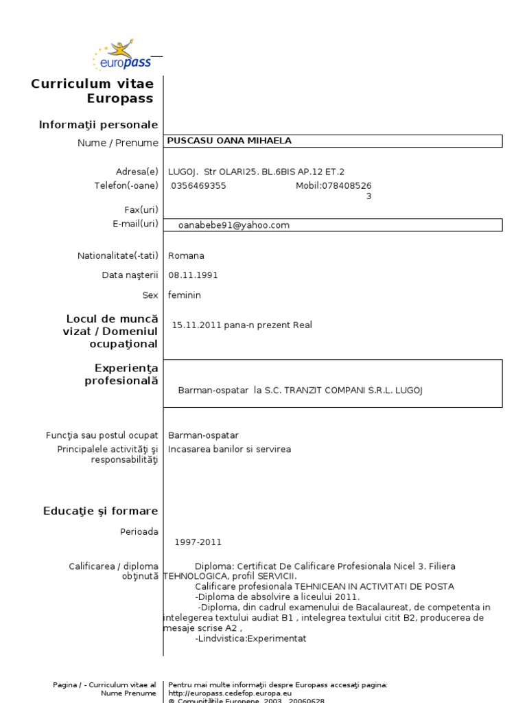 modele de cv pentru ospatari