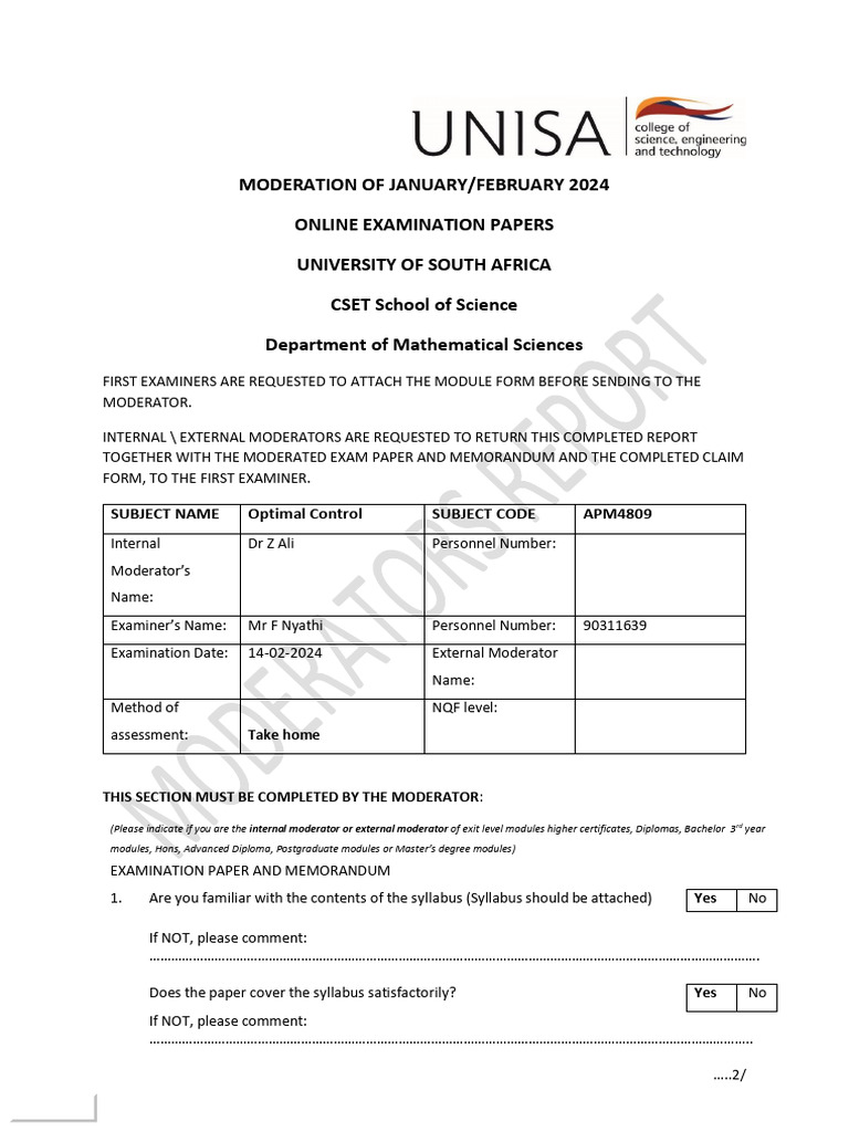 Moderation Report for APM4809 Exam 2024 | PDF | Academic Degree