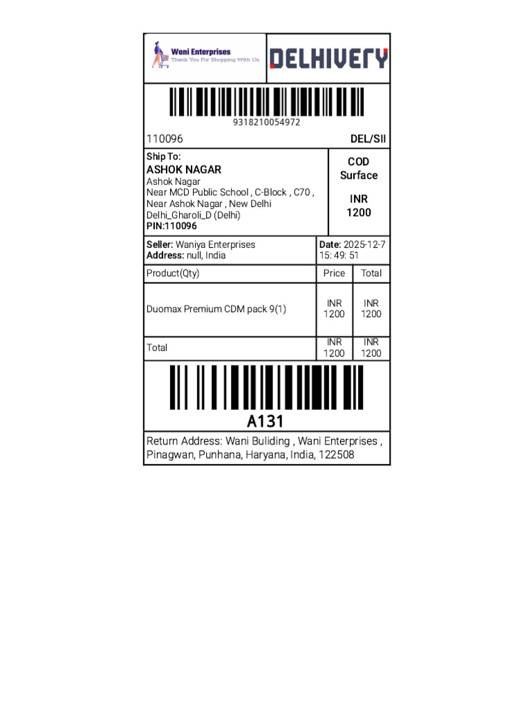 Del/Sii Ashok Nagar COD Surface INR 1200 | PDF