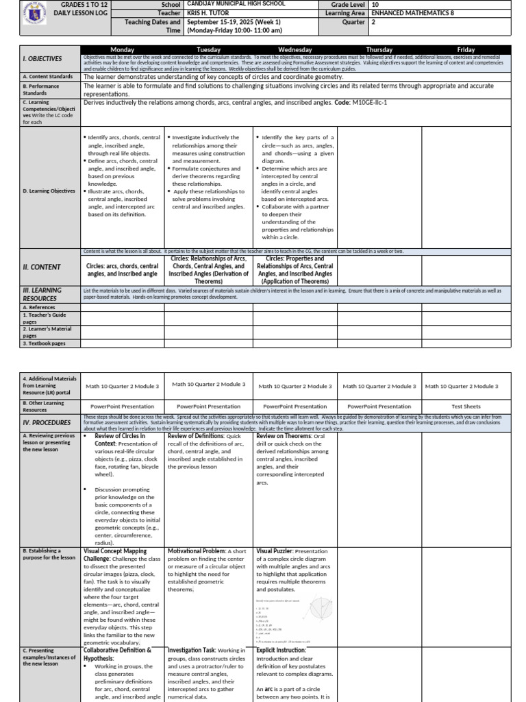 4th WEEK - Enhanced Mathematics 2025-2026 | PDF | Circle | Angle