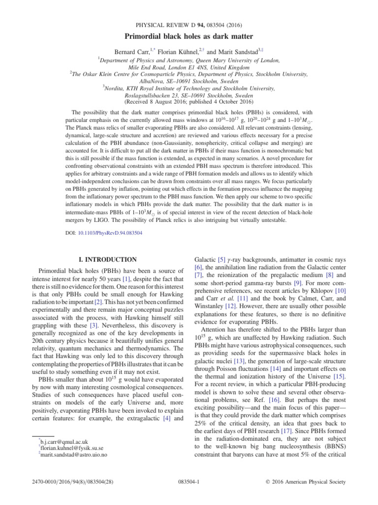 Primordial Black Holes as Dark Matter | PDF | Dark Matter | Black Hole