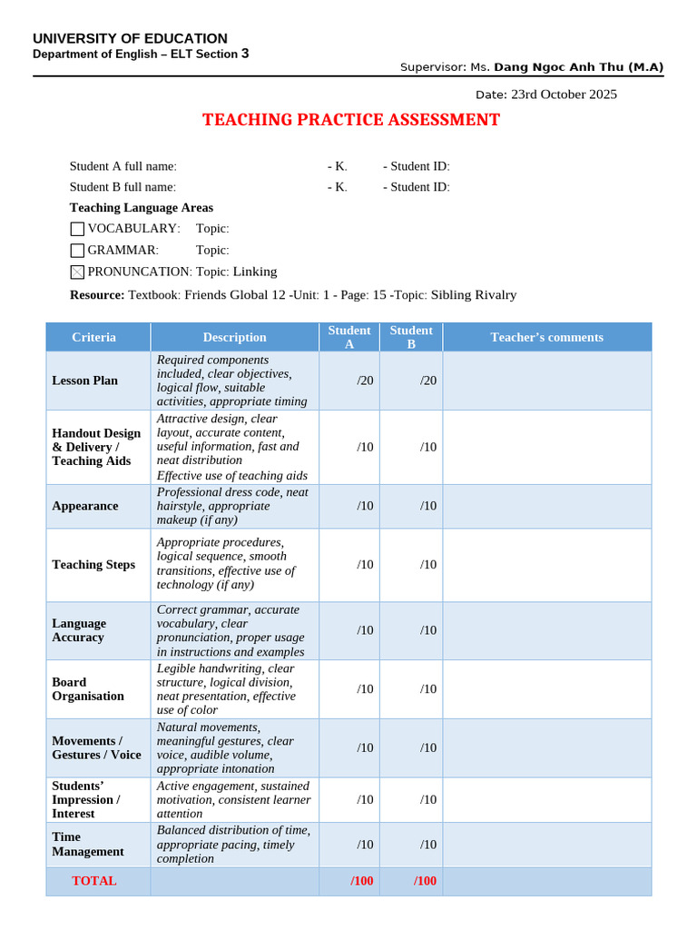 Teaching Practice Assessment Criteria | PDF | Psycholinguistics ...