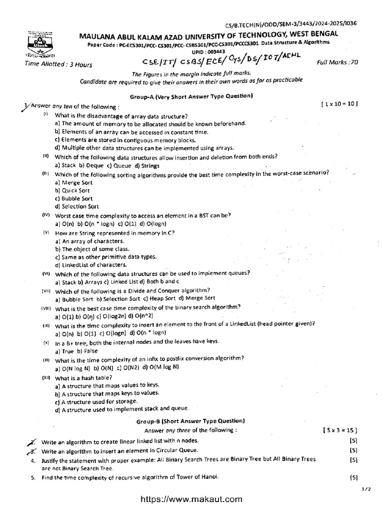 Btech Cse It 3 Sem Data Structure and Algorithms PC Ecs301 2025 | PDF