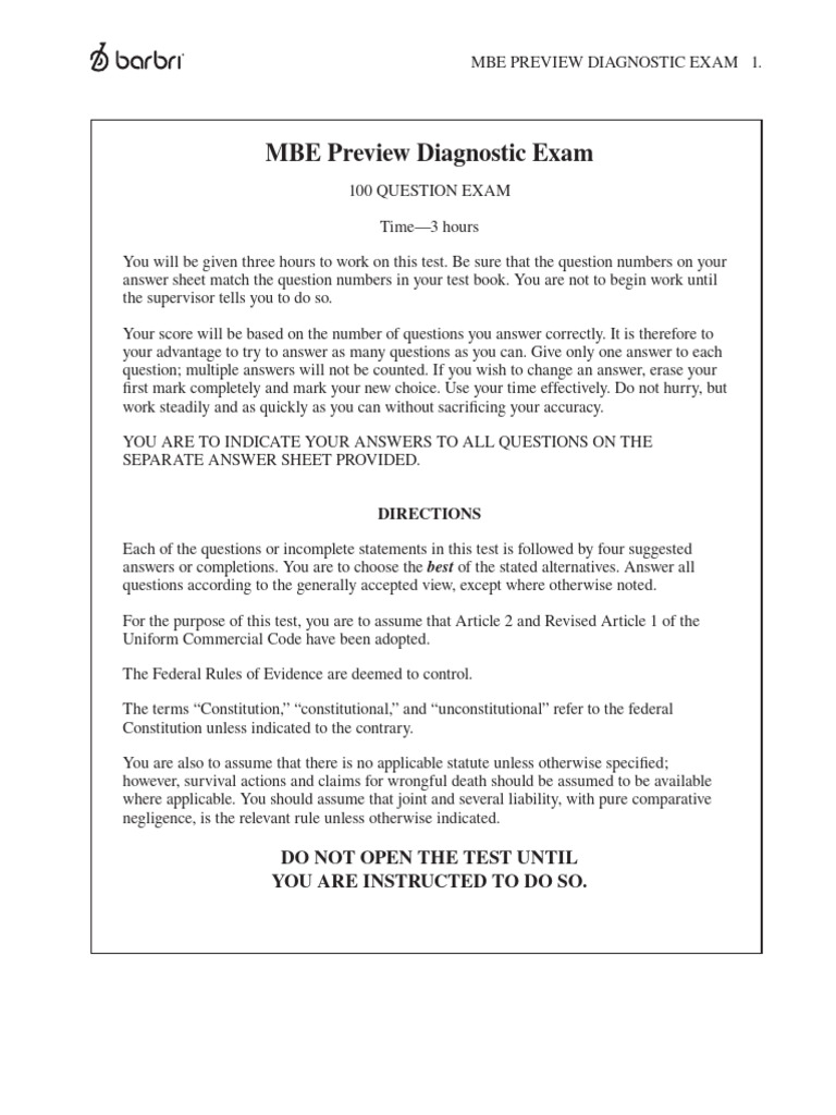 MBE Diagnostic Exam: 100 Questions | PDF | Witness | Hearsay