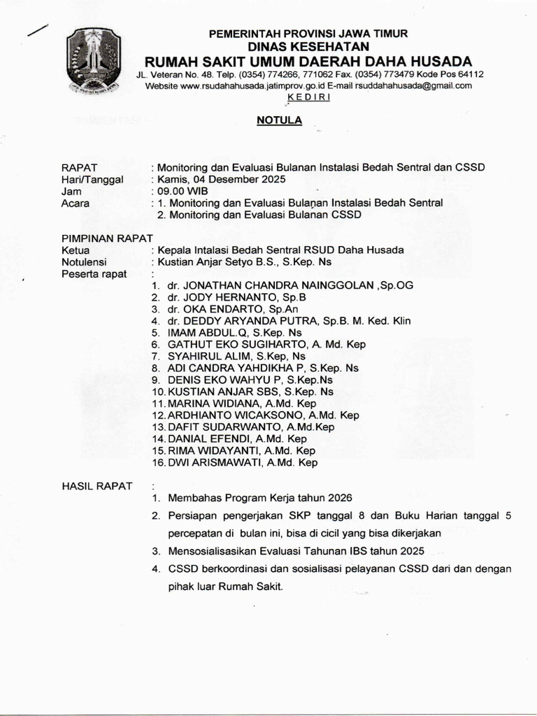 Notulen Monev Ibs & Cssd Desember 2025 | PDF