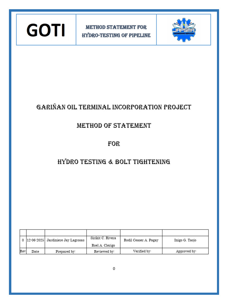 Hydro-Testing Method Statement for Pipelines | PDF | Risk | Screw