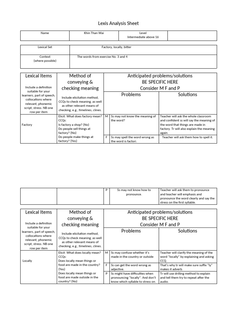 Lexis Analysis Sheet | PDF | Stress (Linguistics) | Word