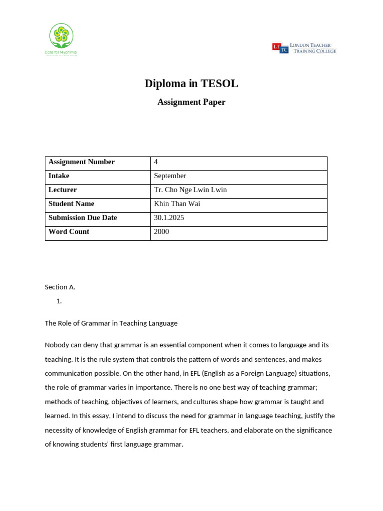 Importance of Grammar in EFL Teaching | PDF | English As A Second Or ...
