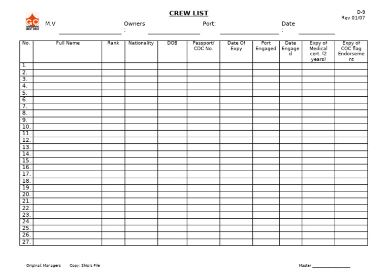 Crew List for M.V. D-9 | PDF