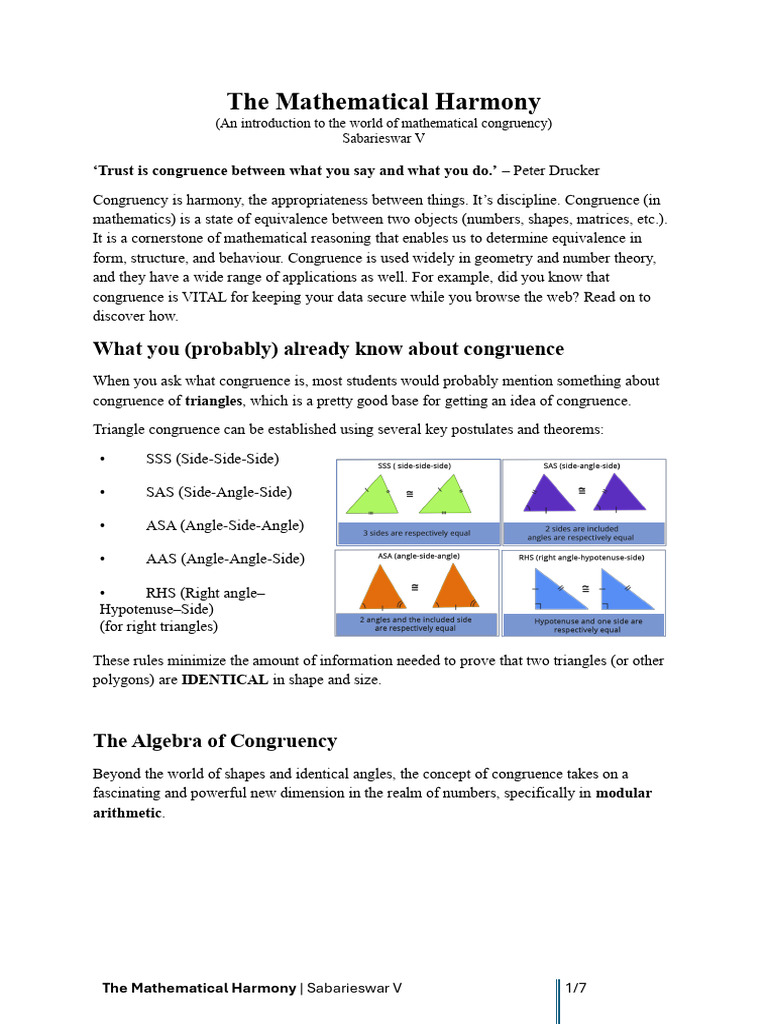 The Mathematical Harmony - Article On Congruence | PDF | Matrix ...