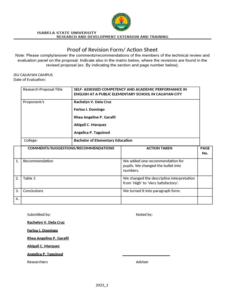 ISU Revision Form for Research Proposal | PDF