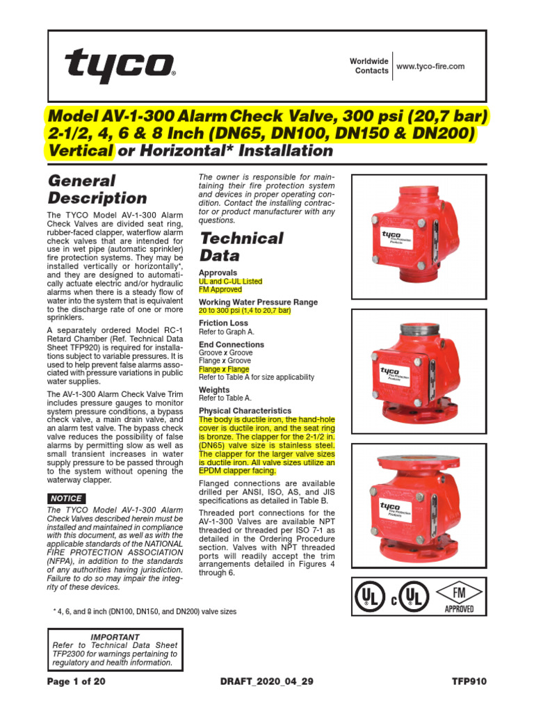AV-1-300 Alarm Check Valve Specifications | PDF | Valve | Fire ...