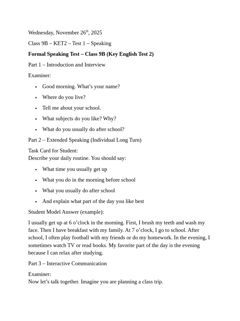 KET2 Speaking Test Guide for Class 9B | PDF