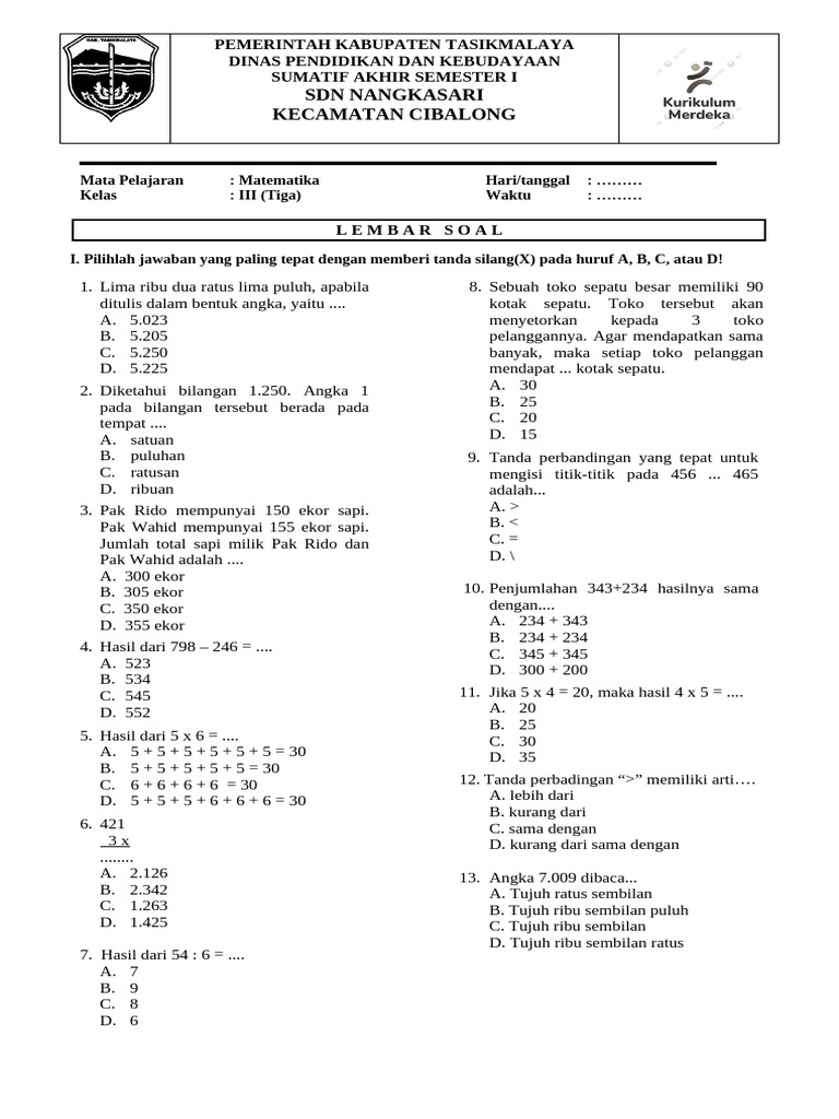 Soal Matematika Kelas 3 SD Semester 1 | PDF