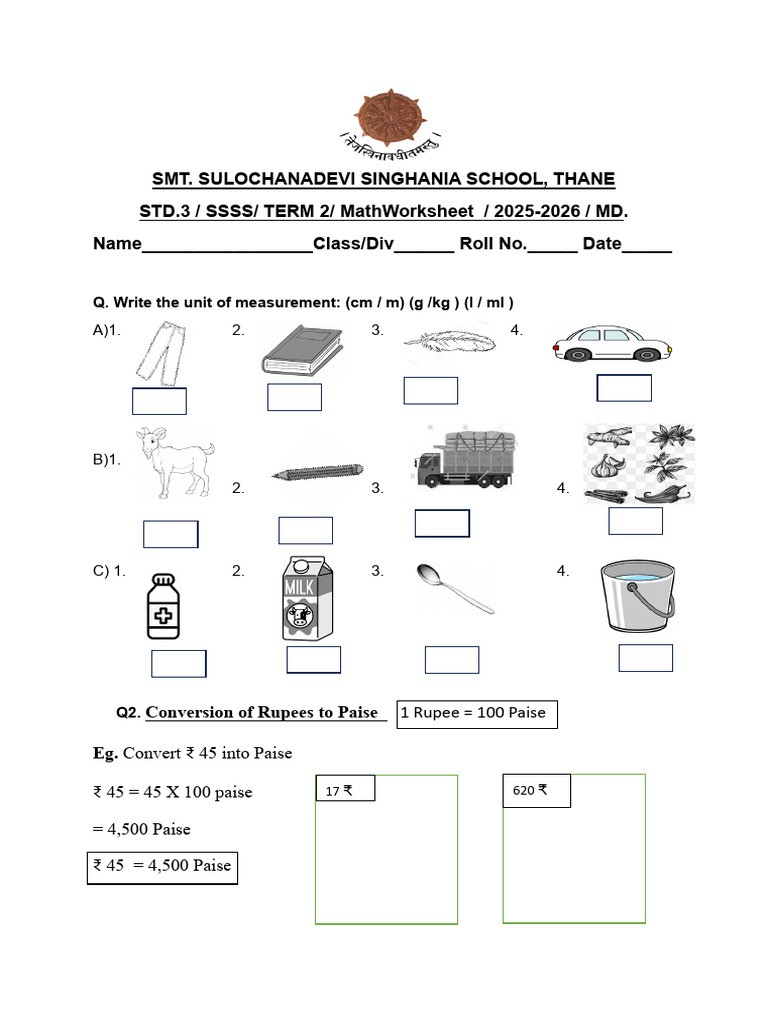 Math Worksheet for Grade 3 Measurements | PDF