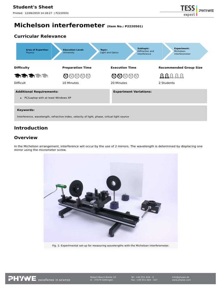 Michelson Interferometer Experiment Guide | PDF | Interferometry | Optics