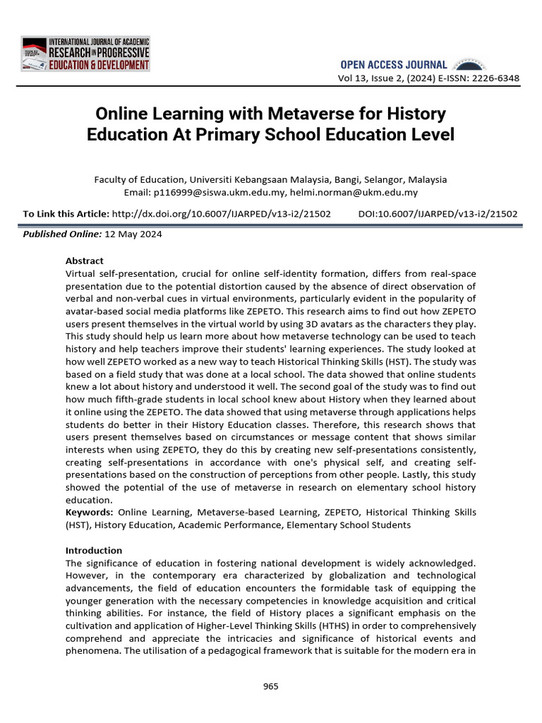 Online Learning With Metaverse For History Education at Primary School ...