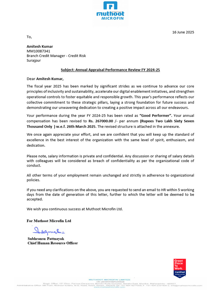 Annual Performance Review FY 2024-25 | PDF | Salary | Employment